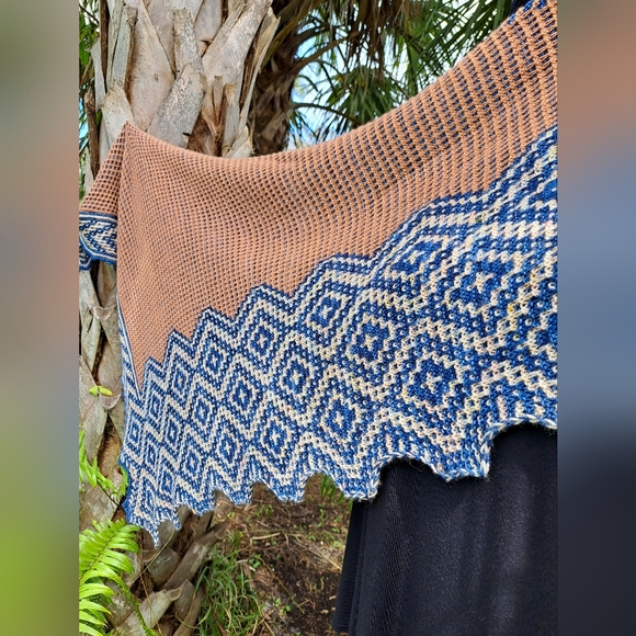 Hand Knit Shawl Blue Brown Beige Hand Dyed Yarn Mosaic Colorwork Soft Warm Cozy - Picture 11 of 16